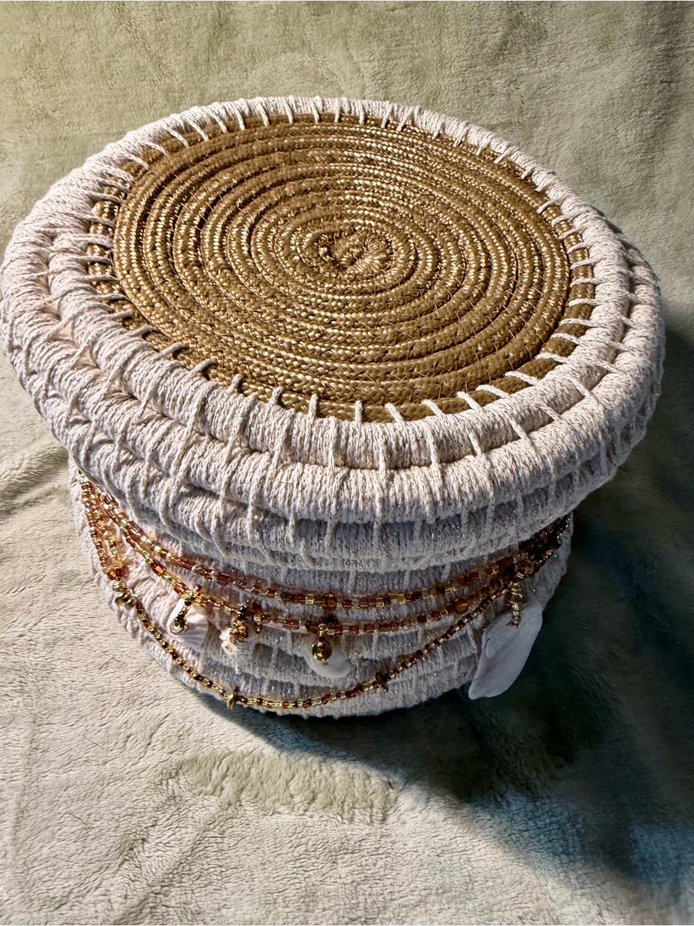 Handmade Art Coiled Basket  with Lid and embellishments of beading and shells - Picture 7 of 15